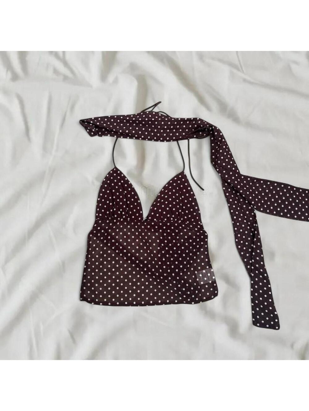 Brown Polka Dot Halter Top w removable scarf Size XS